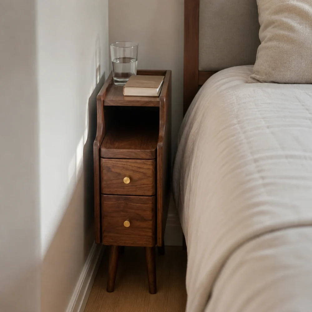 Mesa de cabeceira slim encaixada no vao estreito entre a cama e a parede