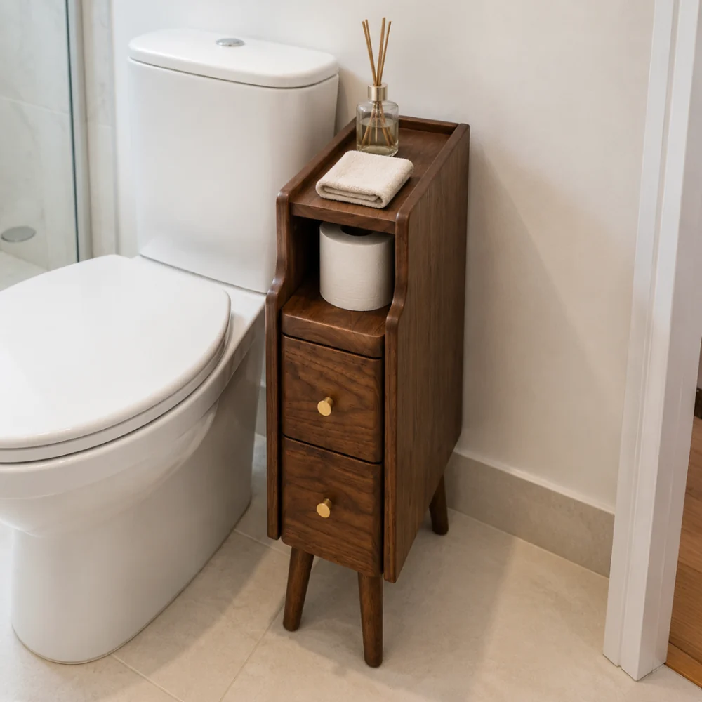 Mesa slim CompactHome encaixada no vao entre o vaso sanitario e a parede