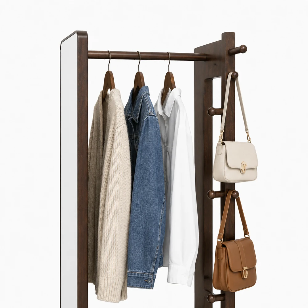 Arara superior da GiraHome com cabides e ganchos laterais de madeira com bolsas