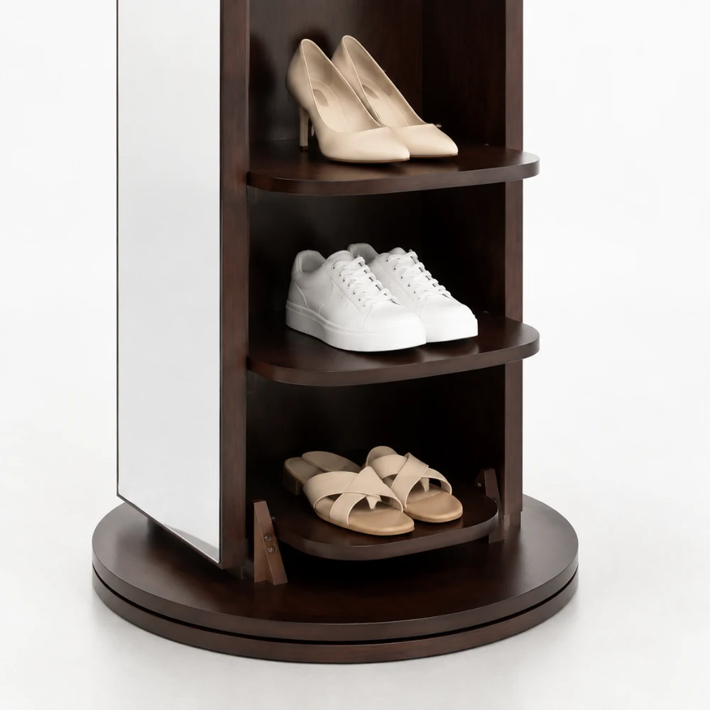 Prateleiras curvas da base da GiraHome com sapatos e a base giratoria