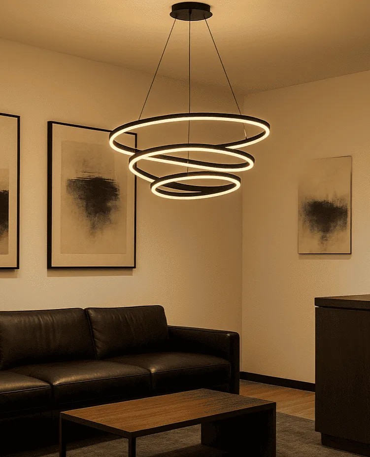 Lustre Pendente LED 3 Anéis Preto