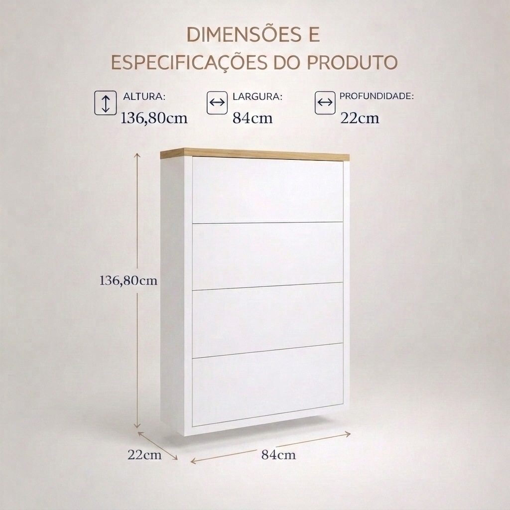 Dimensões do armário: 136,80 cm de altura, 84 cm de largura e 22 cm de profundidade